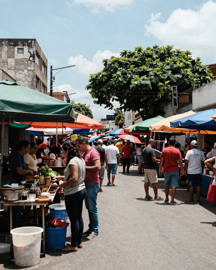 Wide-angle urban documentary photograph of a bustling street market in Santo André, natural daylight, clear realistic co